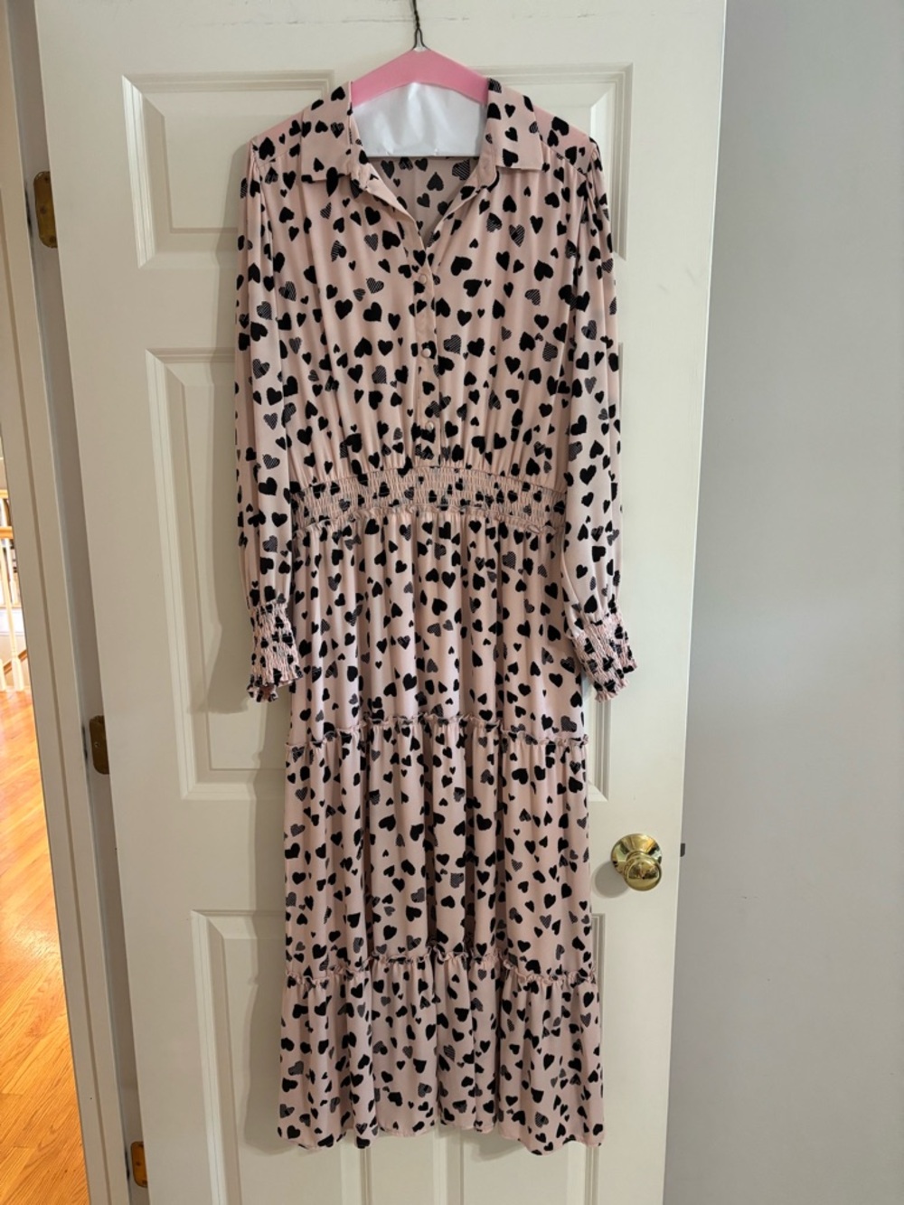 T Tahari Pink Heart-Print Long Sleeve Tiered Midi Dress with Black Hearts